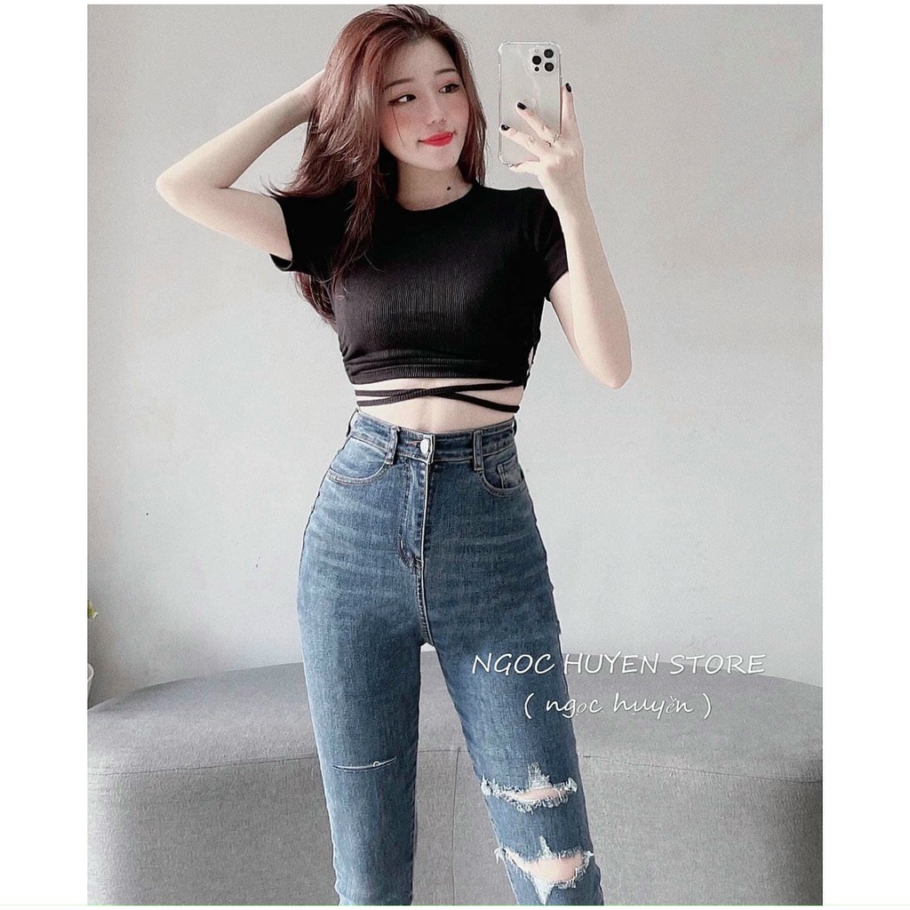 Quần Jean Nữ Đùi Xước ❤ Quần Bò Nữ Cạp Cao Ống Bó DH22