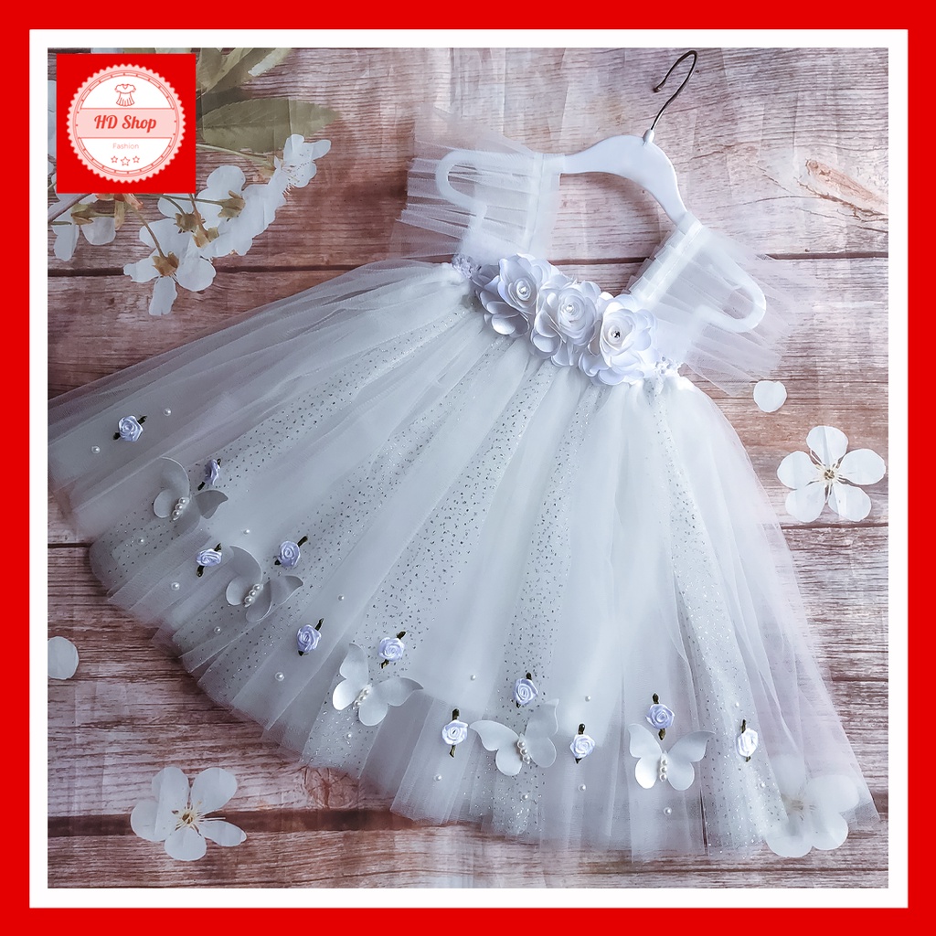 Váy cho bé gái trắng cánh tiên đính hoa hồng