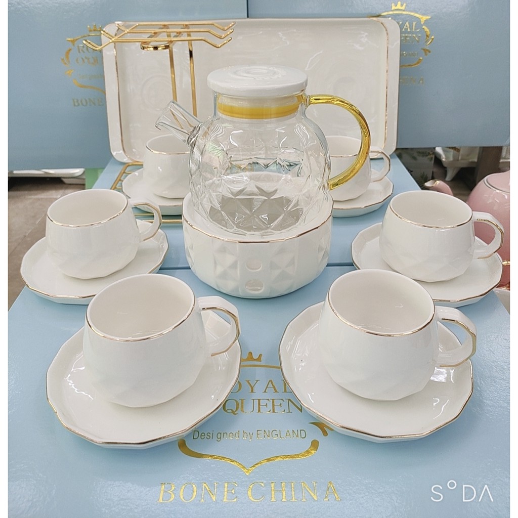 BỘ ẤM CHÉN CÓ LÓT TÁCH KÈM KHAY VÀ BẾP CHÂM TRÀ MÀU TRẮNG VIỀN VÀNG