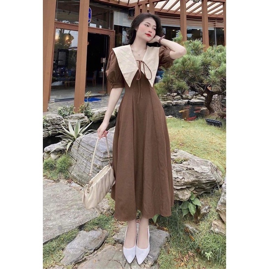 Váy cổ V thắt nơ
