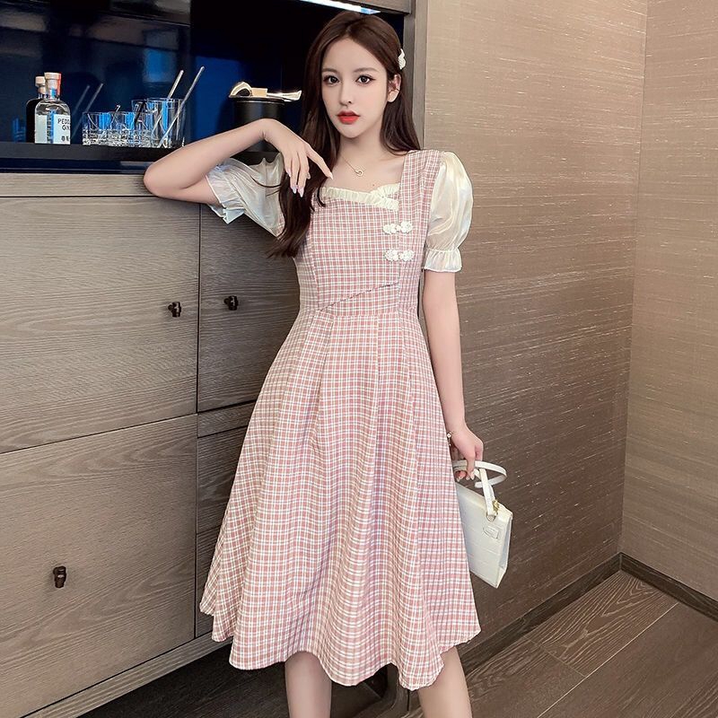 Đầm Nữ Ngắn Tay Cổ Vuông Họa Tiết Caro Thời Trang | BigBuy360 - bigbuy360.vn