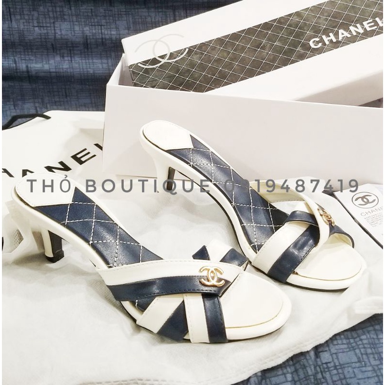 Guốc/dép sandal cao gót Cha.nel xuất Âu xịn da mềm quai nơ sọc chéo xanh dương phối trắng 5cm size 36