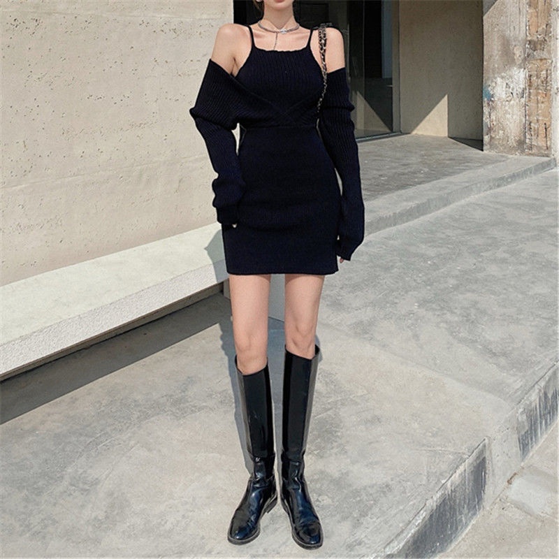 [MURIOKI] Set Đầm Ôm Hai Dây + Áo Sweater Tay Dài Màu Đen Phong Cách Thời Trang Mùa Thu 2022