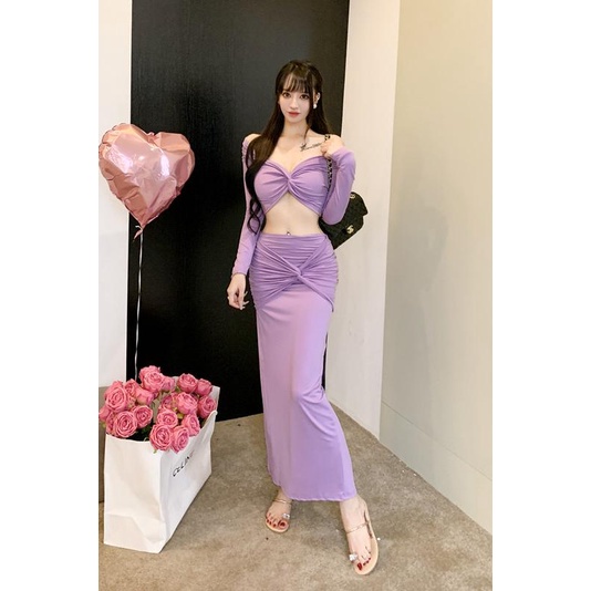 Bộ Áo Trễ Vai + Quần Dài Thắt Nút Thời Trang Cho Nữ