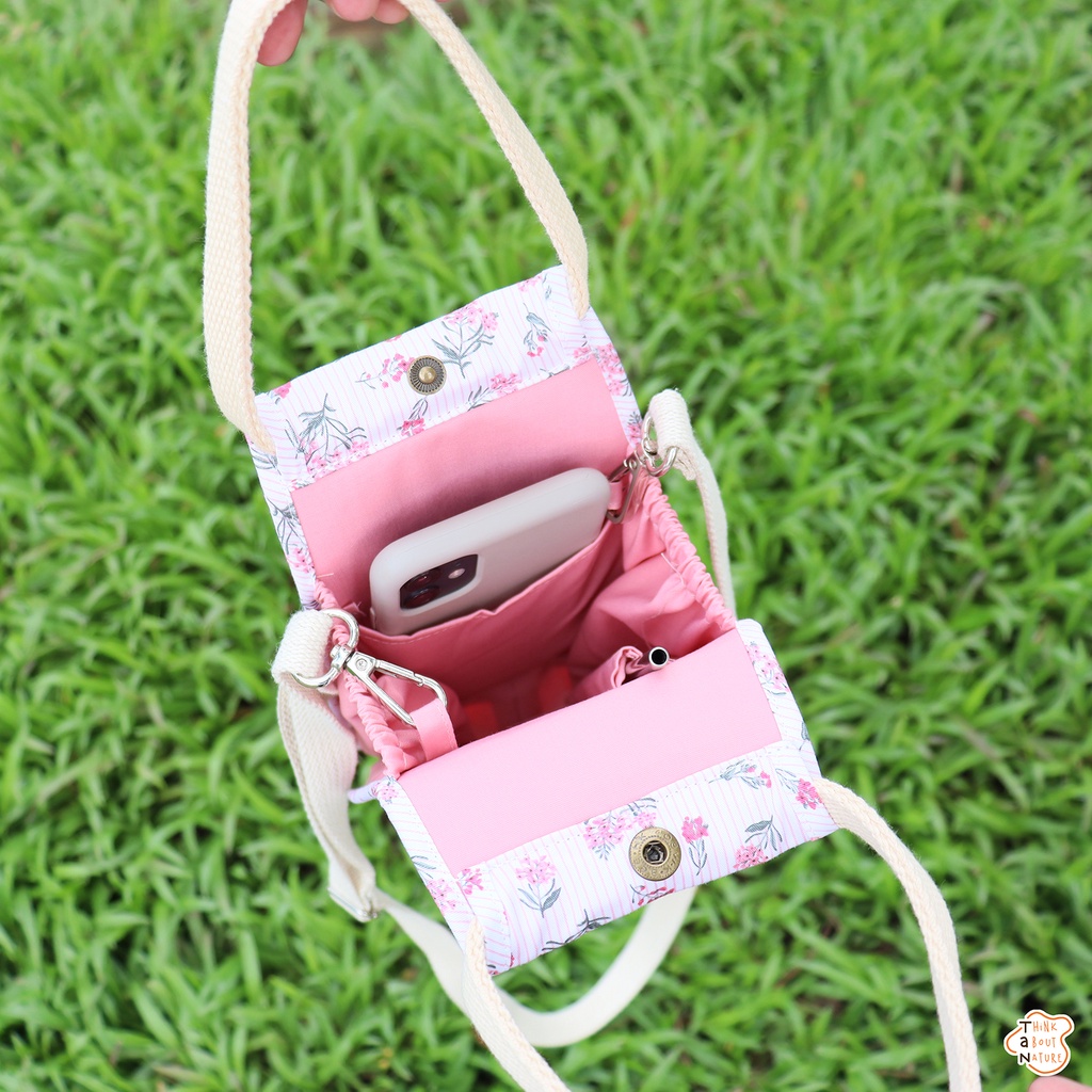 Túi vải đựng bình nước họa tiết hoa nhí hồng sọc Tancupholder