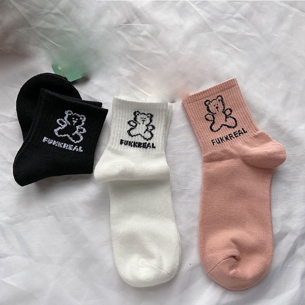 Vớ cotton co giãn thoáng khí in hình gấu hoạt hình đáng yêu phong cách Hàn Quốc cho nữ