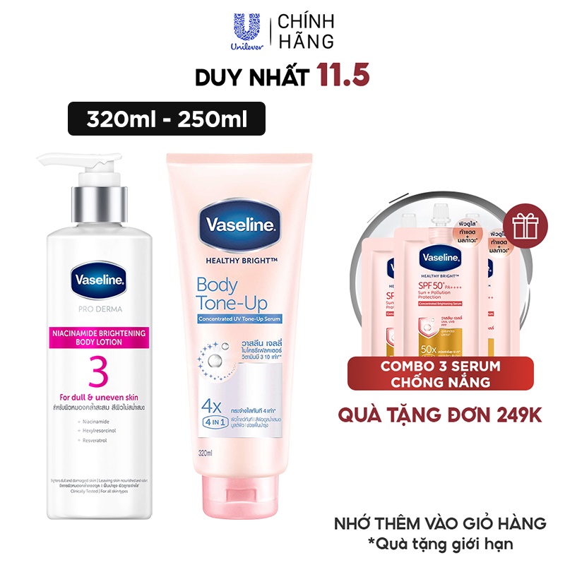 Combo Vaseline dưỡng sáng chuyên sâu ngày đêm nâng tông tức thì