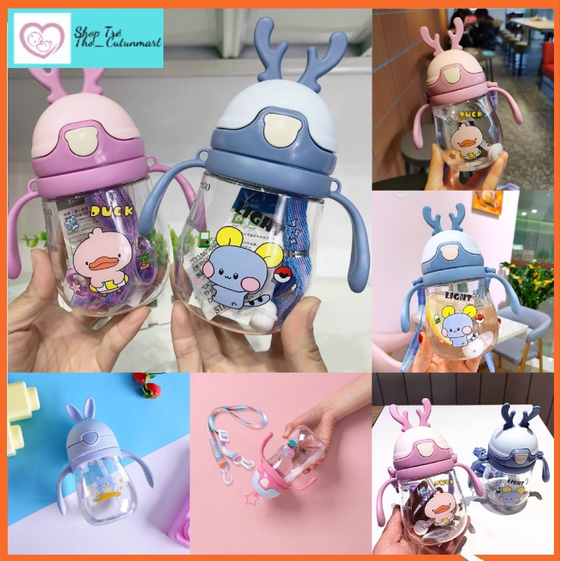 Bình uống nước tai hươu 370ml cho bé có vạch chia họa tiết đáng yêu