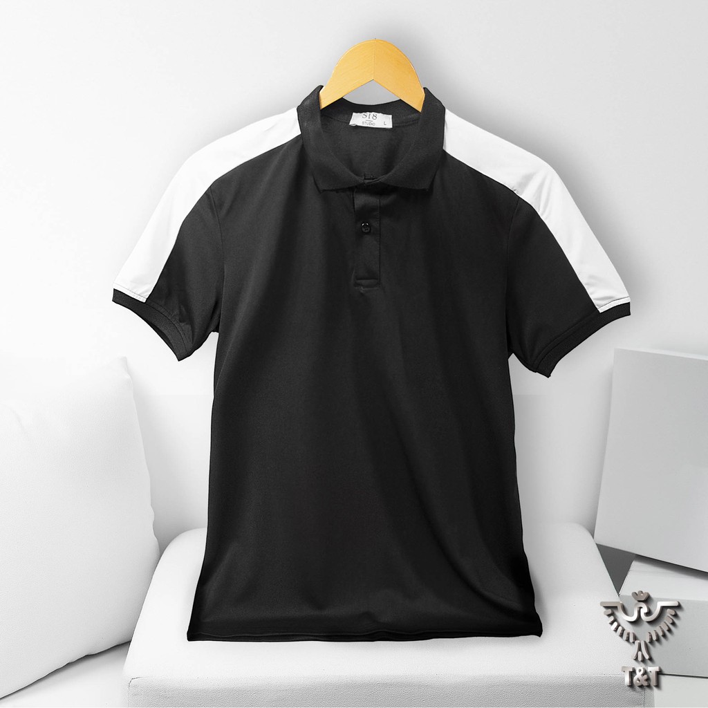 Áo polo nam áo thun nam có cổ tay ngắn phối vai đen trắng kiêu dáng hàn quốc chất cotton co dãn thoáng mát | BigBuy360 - bigbuy360.vn