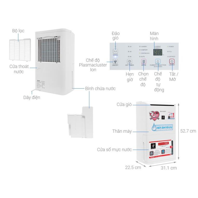 Máy hút ẩm lọc không khí tạo ion Sharp DW-D12A-W Diện tích sử dụng 25m2 - Bảo hành chính hãng 12 Tháng