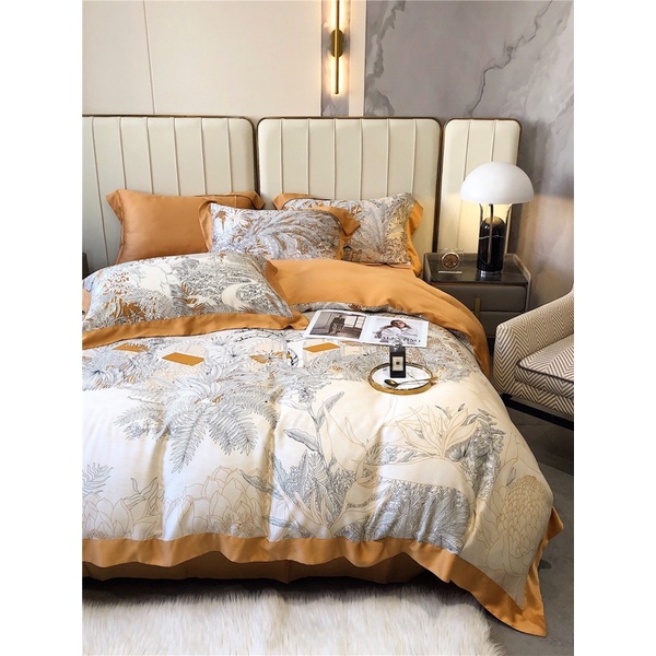 Bộ Chăn ga siêu phẩm Tencel MoonLight 100s mềm mịn mát lạnh hoạ tiết thanh lịch tinh tê