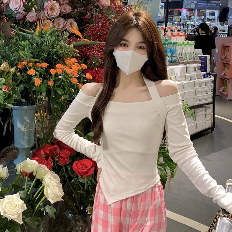 Áo thun trễ vai vạt chéo ,chất thun bo zip dày dặn co giãn thoải mái -A006