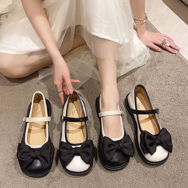 Giày búp bê nữ đính nơ lụa phối quai cài ngang lên chân cực xinh - K5