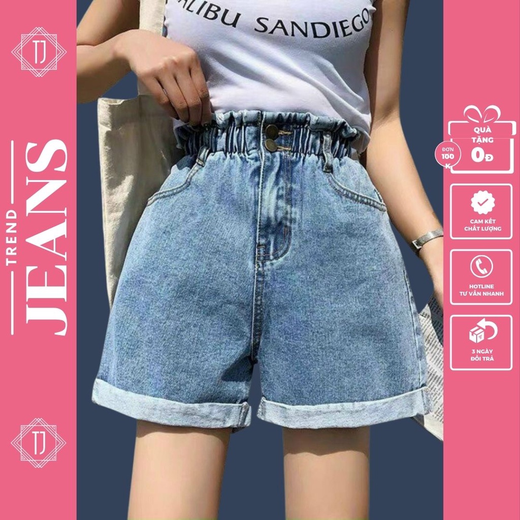 Quần short jeans nữ lưng chun thoải mái gấp gấu tạo kiểu