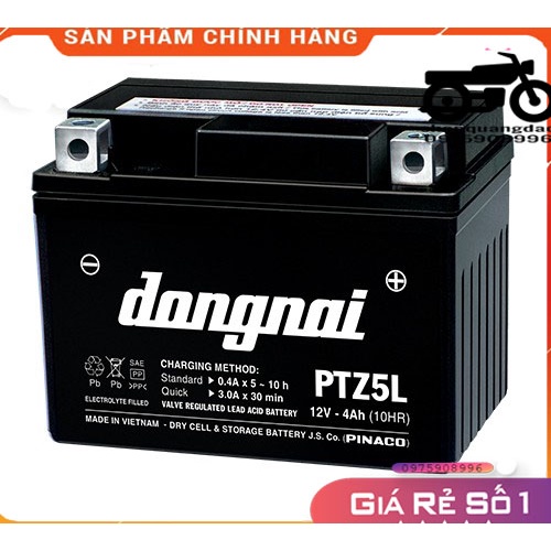 Ắc quy khô miễn bảo dưỡng Đồng Nai PTZ5L (12V - 4Ah) dành cho xe máy