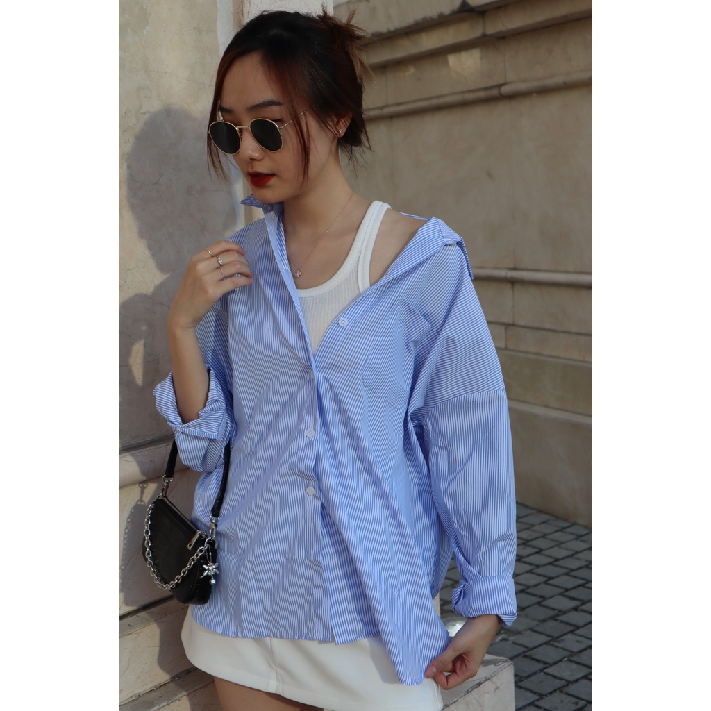 Sơ Mi Kẻ Xanh Sọc Nhỏ Form Oversized In2000Clothing