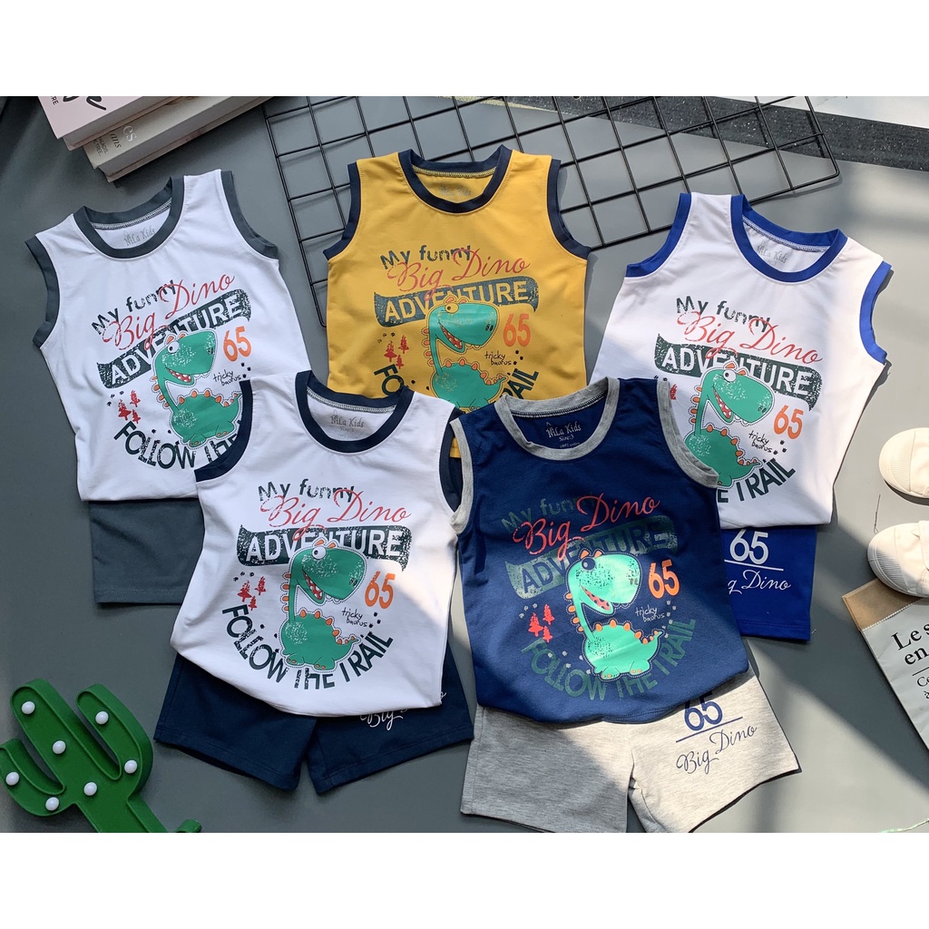 Đồ bộ bộ quần áo ba lỗ bé trai in hình khủng long chất liệu thun cotton 100% co giản 4 chiều cho bé từ 11-36kg