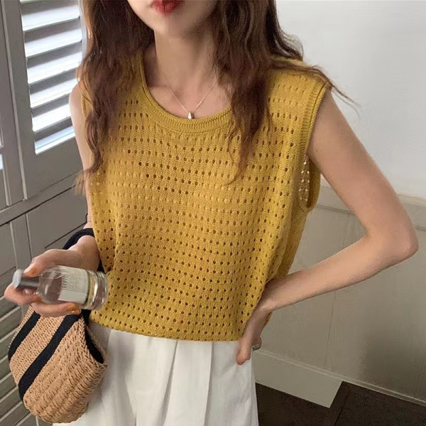 Áo Dệt Kim Không Tay Bằng Lụa Lạnh Thiết Kế Rỗng Phong Cách Mới Mùa Hè Cho Nữ