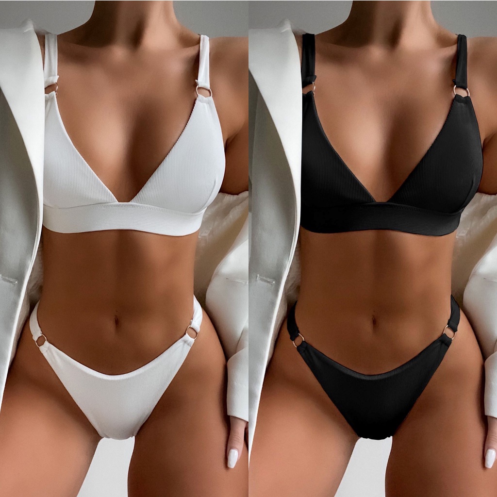 Mới Bộ Đồ Bơi Bikini Màu Trơn Có Gân Gợi Cảm Cho Nữ