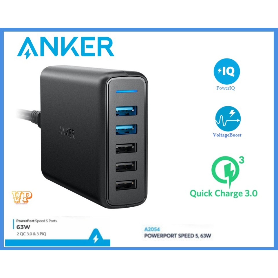 SẠC ANKER 5 CỔNG 63W/A2054 / 2 CỔNG SẠC QUICK CHARGE 3.0