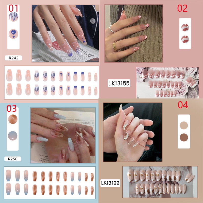 Bộ 24 móng tay giả dáng dài tông màu nude tháo rời được thời trang