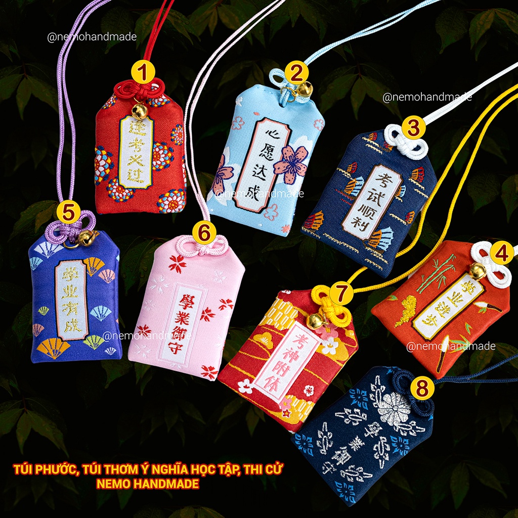 Túi Phước Omamori thêu chữ Học Tập Thi Cử, tặng kèm túi bảo vệ, hoa khô, giấy ước nguyện, đá may mắn - OMHTC