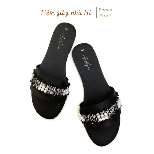 Dép nữ thấp dáng sandal đi biển quai ngang bảng to đính đá chính hãng có Bigsize HISHOO màu đen S063