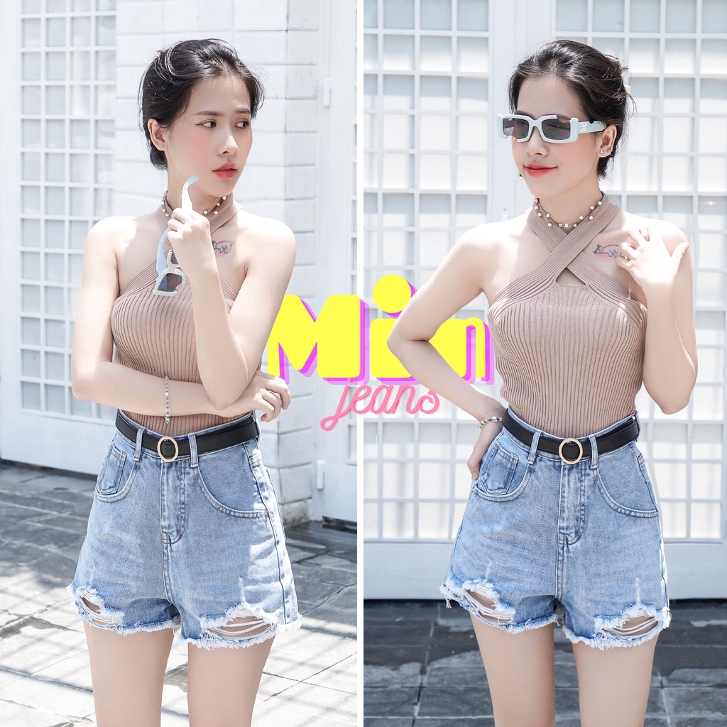 Quần Short Jean Nữ Dáng Chữ A MinJean MS22 Xanh Tôn Dáng, Quần Sooc Bò Lưng Cao Siêu Hack Dáng Cute