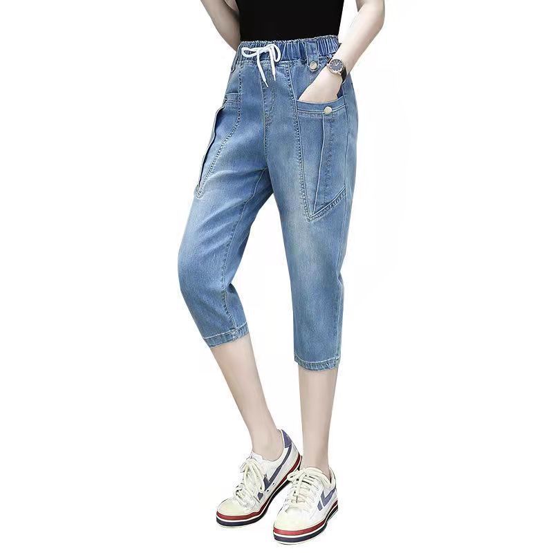 Quần Jeans Lửng Lưng Thun Co Giãn Dáng Rộng Thời Trang Mùa Hè Cho Nữ