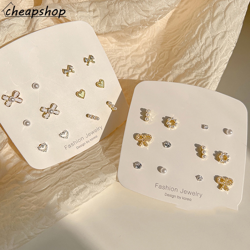 iF YOU Set 6 khuyên tai   kiểu trái tim/ nơ đính hạt ngọc trai dễ thương