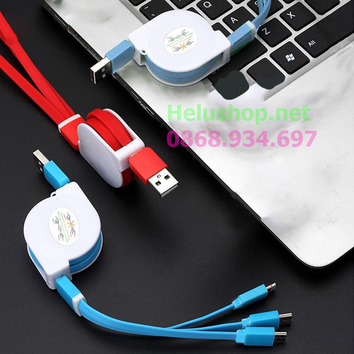 Cáp sạc đa năng cuộn rút 3 trong 1 (Lightning, MicroUSB,Type C) Siêu Bền Nhỏ Gọn Thời Trang