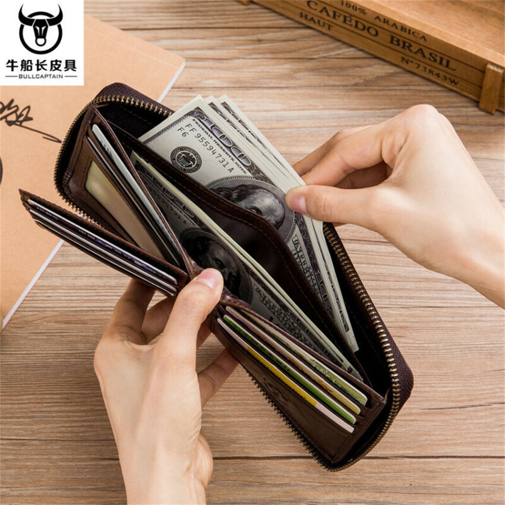 Ví RFID BULLCAPTAIN bằng da bò thật có ngăn đựng thẻ phối khóa kéo thời trang cho nam