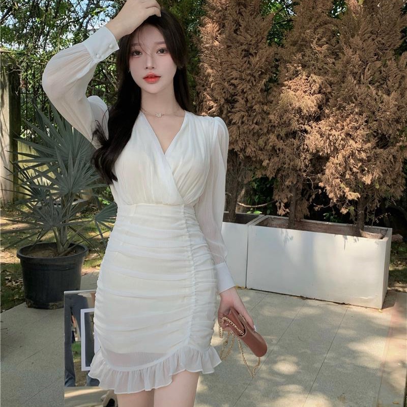 IELGY Đầm Chiffon Trắng Tay Phồng Cổ Chữ V Dáng Ôm Thời Trang Hàn Quốc Cho Nữ