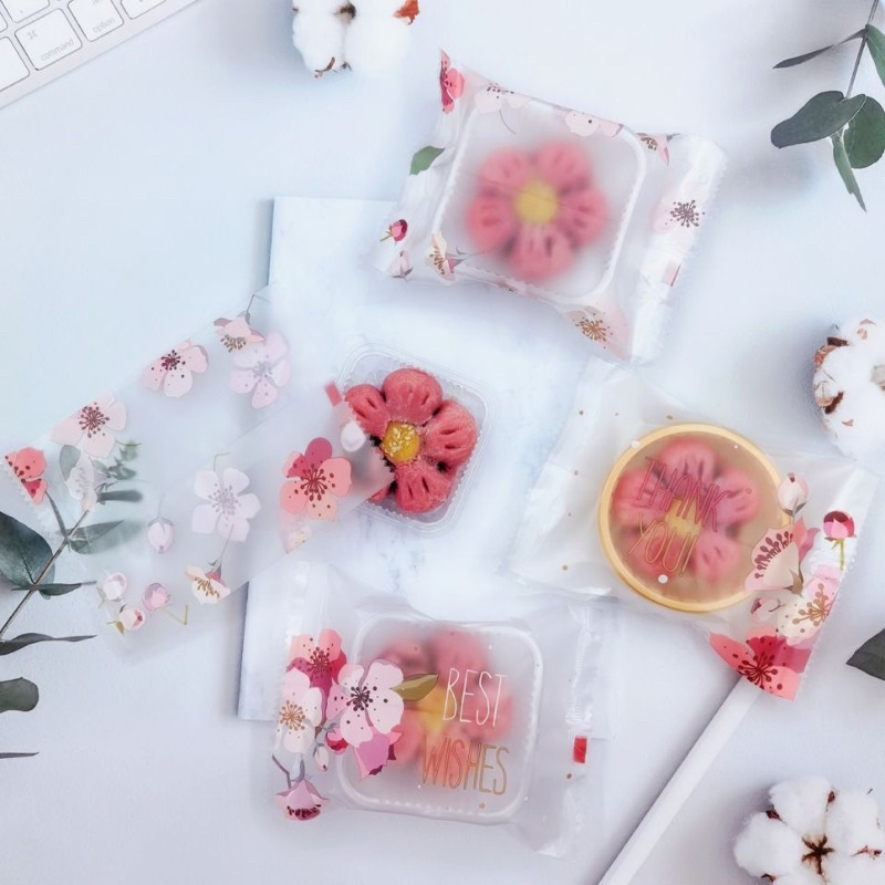 100 vỏ khay túi đựng bánh trung thu 50gr hoa đào