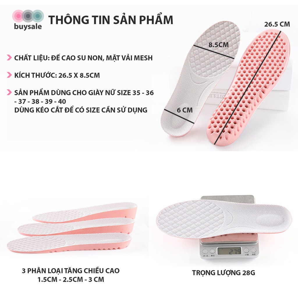 Lót giày nữ độn đế cao su non kiểu tổ ong tăng chiều cao 1.5cm, 2.5cm, 3cm - Hồng phối xám nhạt - buysale - BSPK156