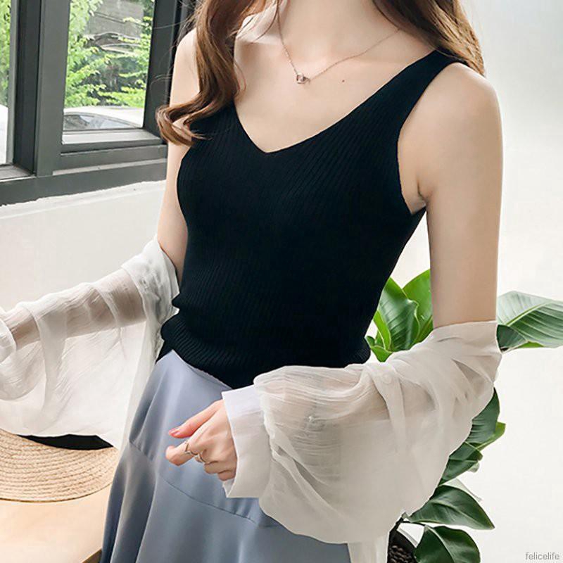 Áo dệt kim nữ sát nách cổ chữ V gợi cảm