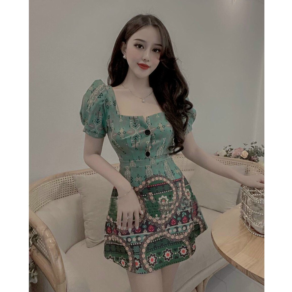 Đầm Nữ Họa Tiết 2 Màu Hoa Văn Sang Trọng Trẻ Trung Dạo Phố, Thời Trang Thanh Lịch Tay Phồng Dễ Thương  - Winchois