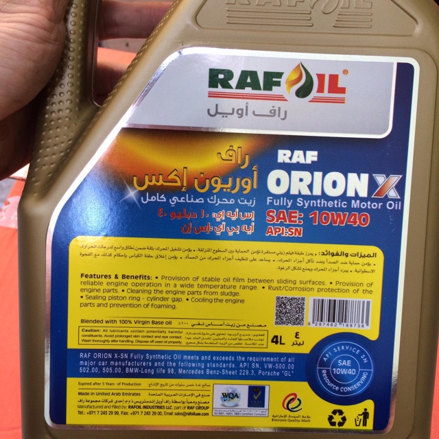 Nhớt Xe Hơi Máy Xăng RAF ORION X - API SN/CF 5W-30 + 10W-40 Fully Synthetic Can 4 Lit Made In UAE