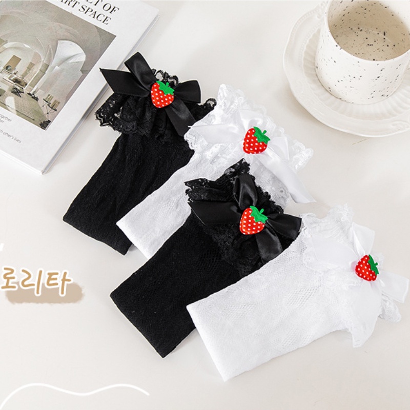 Tất lưới KOKOROCARE ống cao vừa phối ren họa tiết trái dâu xinh xắn cho bé gái