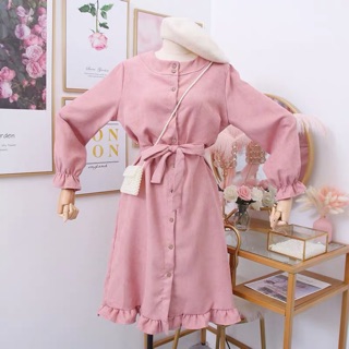 Váy dài tay thắt eo Hàn Quốc - (ORDER)