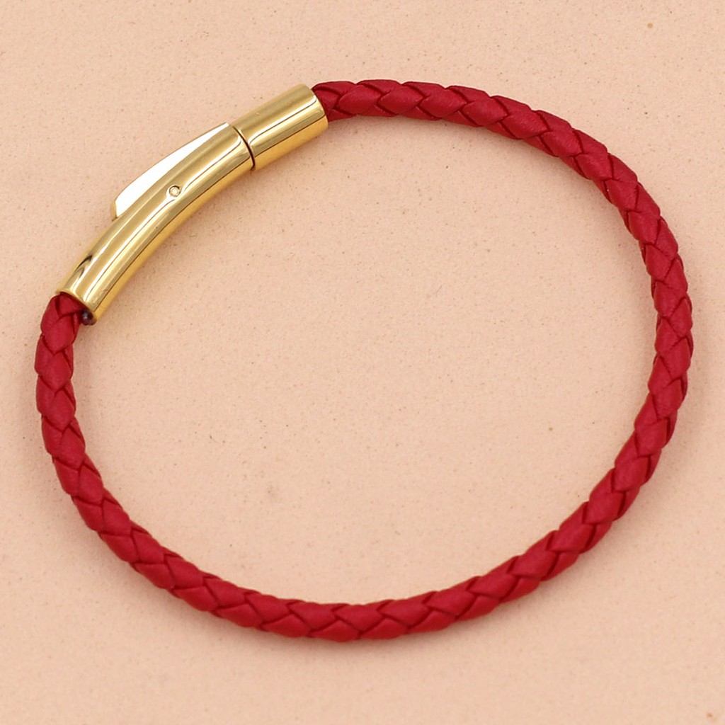 Vòng tay dây da đỏ 3 ly VDDOBV móc inox vàng