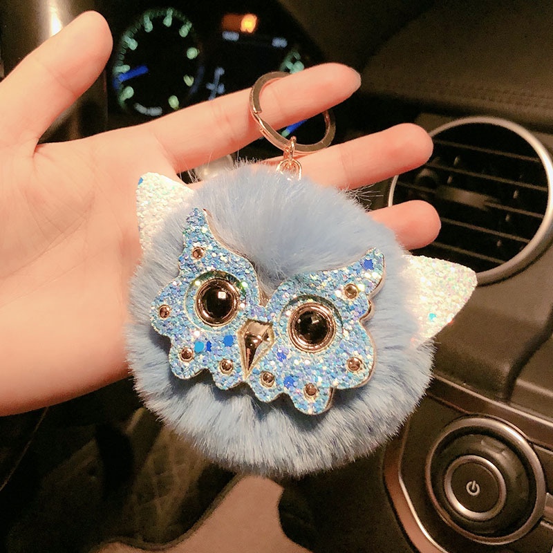 Móc Khóa Hình Chim Cú Gắn Bóng Lông Dễ Thương