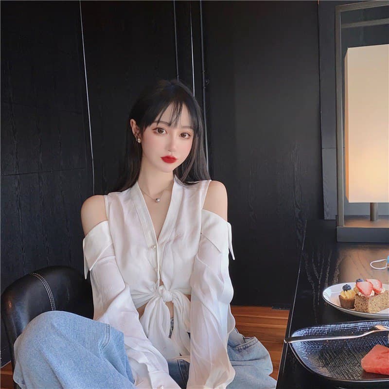 Áo Sơ Mi Khoét Hở Vai Thắt Dây Eo Chất Lụa Mịn Mát Thích Hợp Mặc Đi Tiệc Đi Chơi Đi Dạo