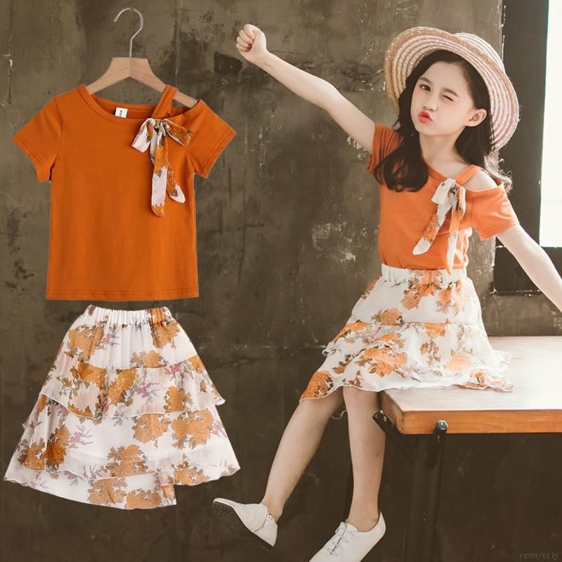 Set áo thun tay ngắn &amp; váy hoa chiffon cho bé gái