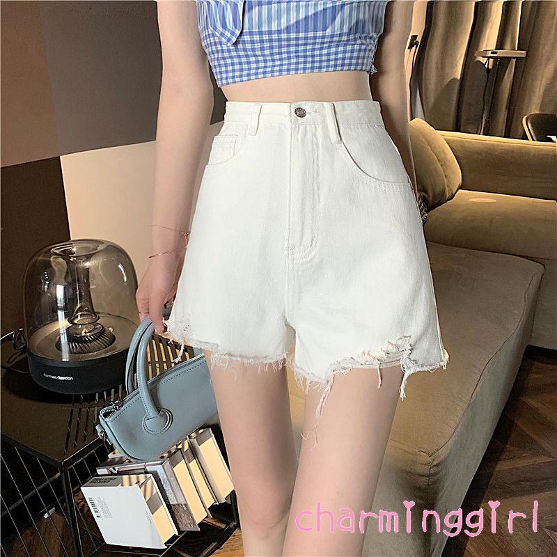 Quần short denim lưng cao ống rộng rách gối thời trang cho nữ