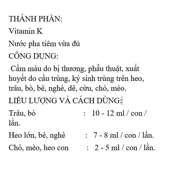 Bio Vitamin K cầm máu cho chó, mèo, heo, gà, vịt chai 100ml