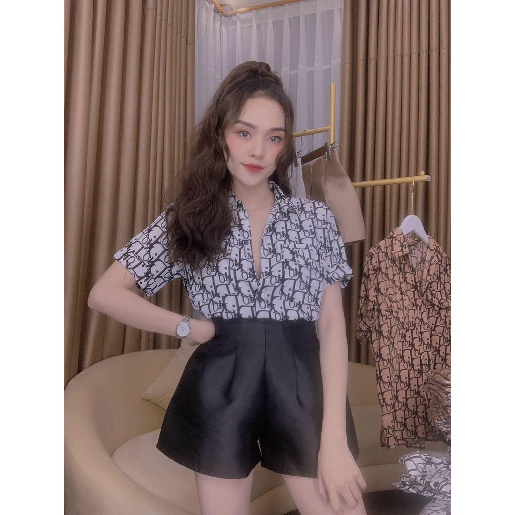 set xinh áo sơ mi in chữ di toàn áo kèm quần phồng gấp li xinh ảnh thật free size
