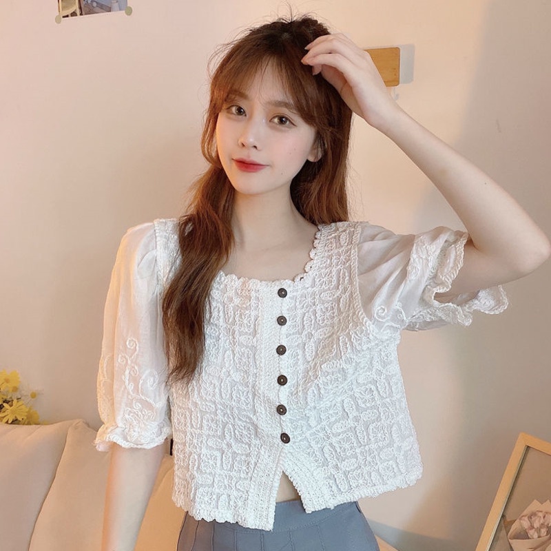 Áo Thun Tay Ngắn Cổ Vuông Thêu Họa Tiết Ren Nhỏ Xinh Thời Trang Mùa Hè Mới