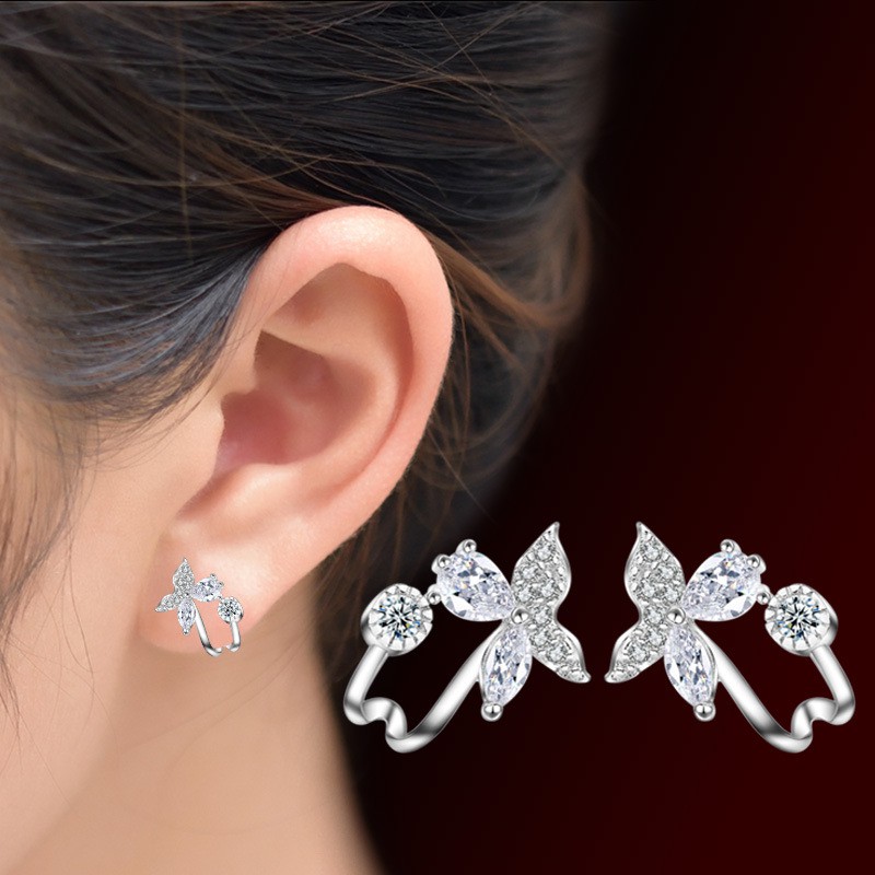 Hoa tai bạc kiểu dáng kẹp thiết kế hình hoa 4 cánh đính đá phong cách Hàn Quốc ANTA Jewelry - ATJ7073