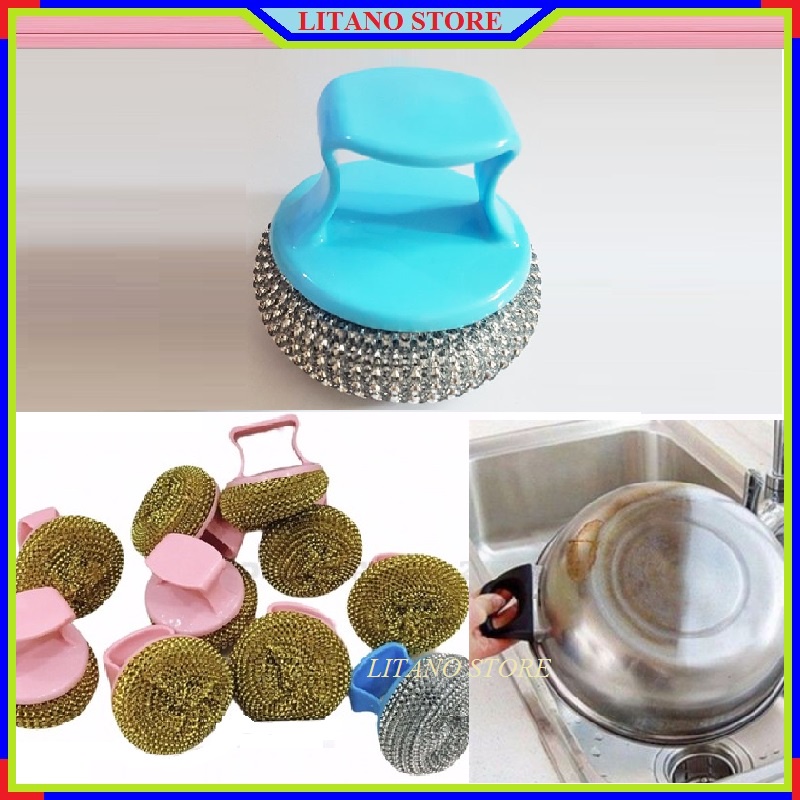 Chà Cọ Xoong Nồi Bùi Nhùi Kim Loại Có Tay Cầm Nhựa Tiện Dụng